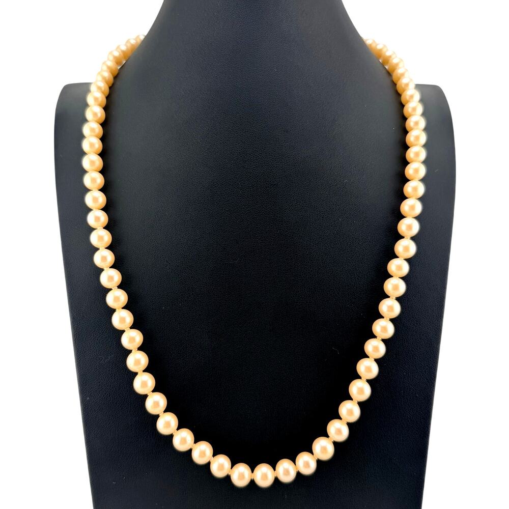 Vintage Faux Pearls Peach Glass Beads Rhinestone Clasp Silver Tone 24" Necklace